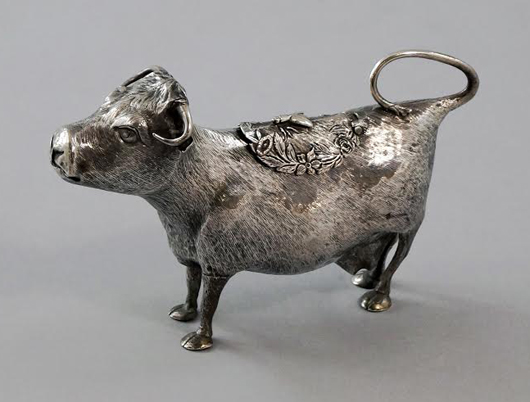 Silver cow–form creamer John Schuppe, London, 1762. Estimate: £2,000-£3,000. Rosebery’s  image.