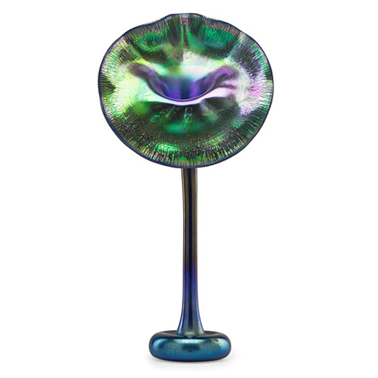 Tiffany Studios Favrile glass Jack-in-the-Pulpit vase, $62,500. Rago Arts and Auction Center image.