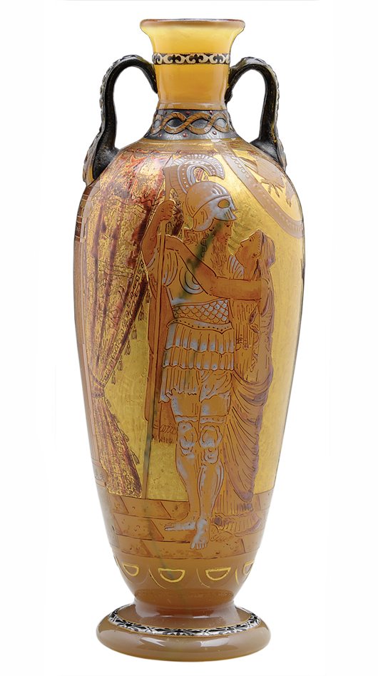 A gladiator and a maiden surrounded by a design of columns and drapes are shown on this Burgen, Schverer & Cie vase. The 9-inch vase was offered at a 2013 James Julia auction in Fairfield, Maine.