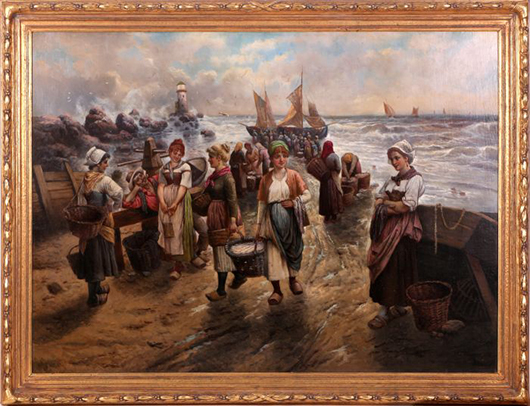 August Hagborg (1852-1921) ‘Coastal Scene with Figures,’ oil on canvas. Gray’s Auctioneers and Appraisers image.