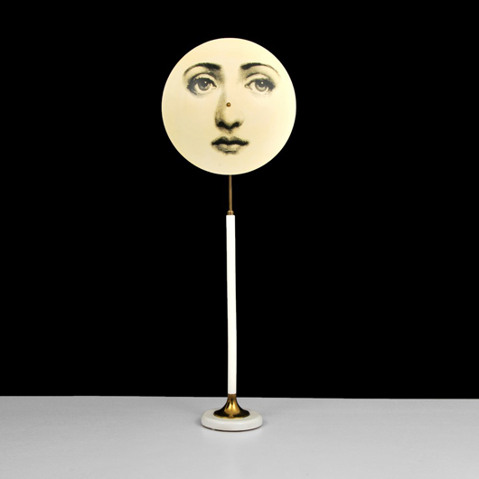 Piero Fornasetti (Italian, 1913-1988), lollipop-form graphic floor lamp with face of Italian opera singer Lina Cavalieri, 75in tall. Est. $10,000-$15,000. Palm Beach Modern Auctions image.