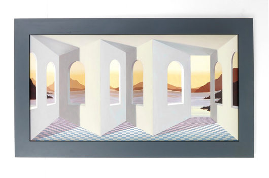 Patrick Hughes (English, b. 1939-), ‘Windows On The World,’ painted wall sculpture of constructed form, 31 by 54.5in. Est. $25,000-$30,000. Palm Beach Modern Auctions image.