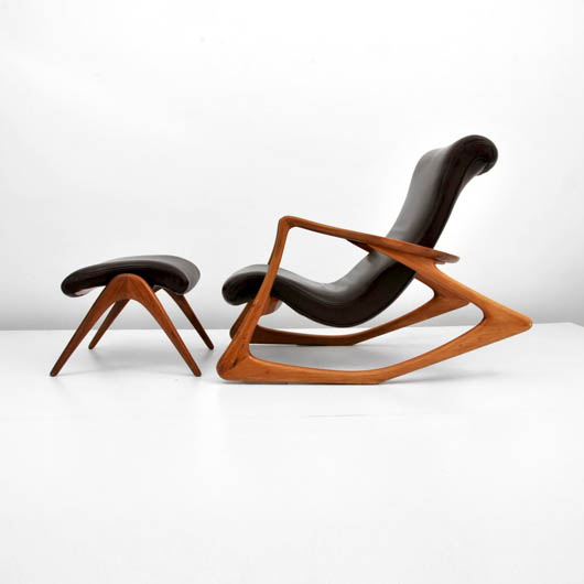 Vladimir Kagan (German/American, b. 1927-), Model No. 175F walnut and black leather contour rocking chair with matching ottoman. Est. $5,000-$8,000. Palm Beach Modern Auctions image.