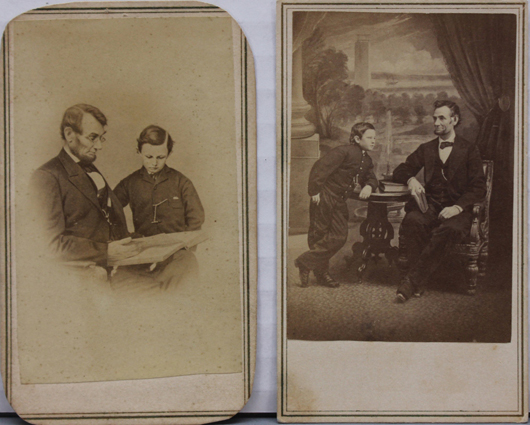 Two cartes de visite photos of Abraham Lincoln and his son Tad, taken in 1864 and 1865 by Alexander Garder and Anthony Berger. Est. $800-$1,000. Waverly Rare Books image.