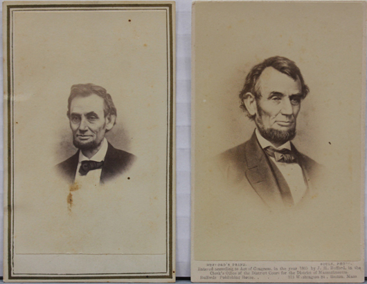 Two cartes de visite photos of Abraham Lincoln, one by Alexander Gardner and the other by J. H. Bufford. Est. $400-$600. Waverly Rare Books image.