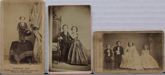 Three cartes de visite of Gen. Tom Thumb on the occasion of his wedding to Lavinia Warren. Est. $80-$100. Waverly Rare Books image.