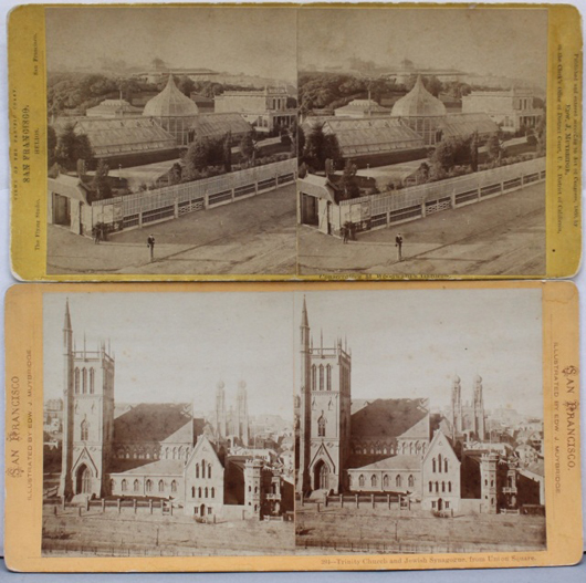 Set of five stereoscopic views of San Francisco by the noted and highly collected early photographer Eadweard Muybridge. Est. $300-$500. Waverly Rare Books image.