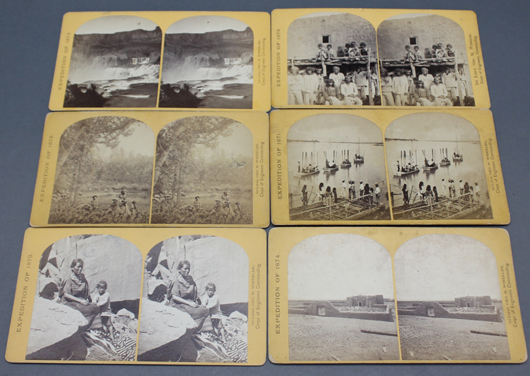 One lot of 12 albumen photos and stereoviews of Western U.S. landmarks, taken by William Henry Jackson, Timothy O’Sullivan, and Luke & Wheeler. Est. $400-$700. Waverly Rare Books image.
