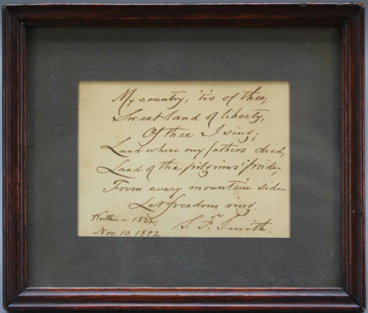 Signed autograph verse of S.F. Smith’s ‘My Country ‘Tis of Thee.’ Est. $400-$700. Waverly Rare Books image.