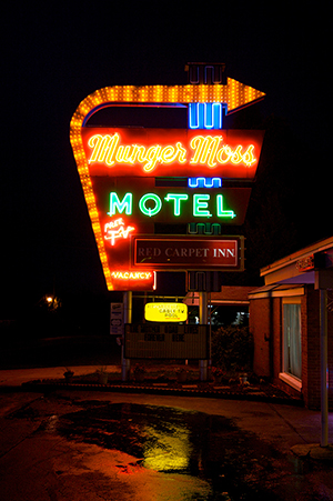 Large neon signs like this one at the Munger-Moss Motel in Lebanon, Mo., once dotted the landscape along U.S. Route 66. Image by Marcin Wichary. This file is licensed under the Creative Commons Attribution 2.0 Generic license.