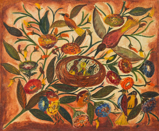 ‘Birds and Flowers’ by Hector Hyppolite, (Haitian/St. Marc, 1894-1948), est. $30,000-$35,000. Material Culture image.