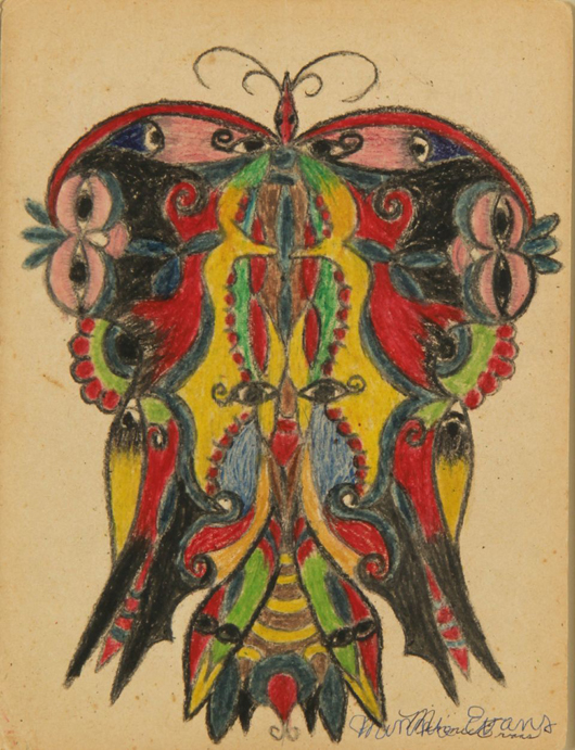 ‘Untitled, Butterfly & Faces’ by Minnie Evans (Amer./North Carolina, 1892-1987), est. $7,000-$9,000. Material Culture image.