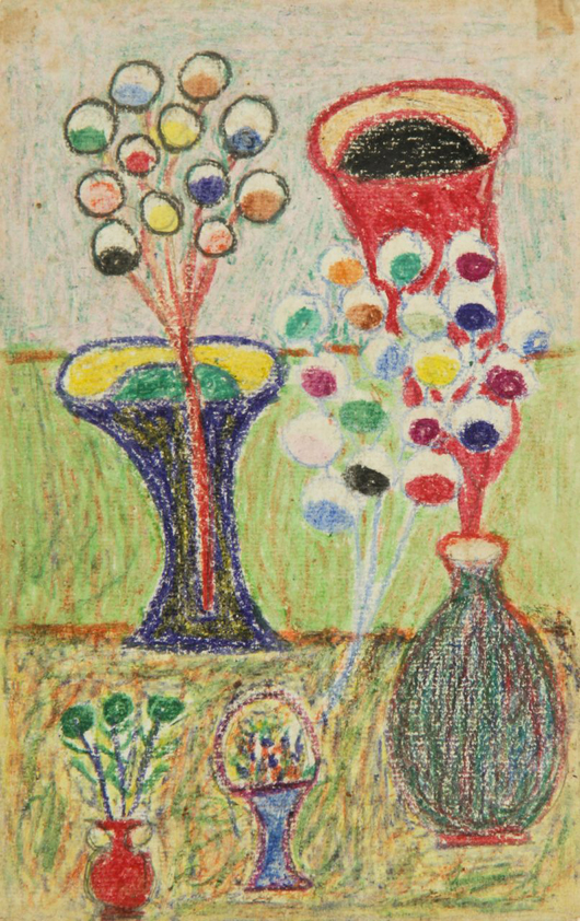 ‘Untitled, Urns and Flowers’ by Minnie Evans (Amer./North Carolina, 1892-1987), est. $3,000-$4,000. Material Culture image.