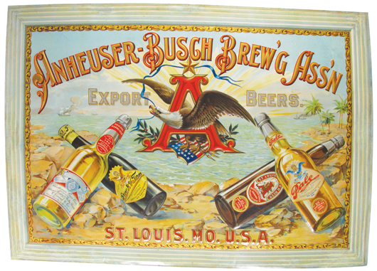 Early 1900's Anheuser-Busch Brewing Association embossed tin sign with some minor restoration, otherwise excellent condition. Estimate: $20,000 to $30,000. Showtime Auction Services image.