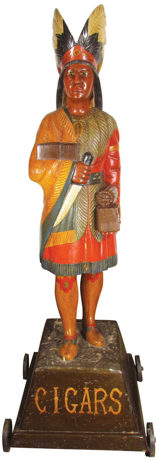 Cigar Store Indian attributed to Samuel Robb, with earlier repaint. Estimate: $30,000 to $50,000. Showtime Auction Services image.