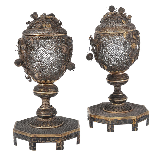 Another Chinese Export Silver lot that achieved a hefty price in the sale was this pair of late 18th century Qianlong gilt filigree pedestal vases and covers, which sold for £21,080. Dreweatts & Bloomsbury image.