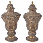 Chinese Export Silver pair of late 18th century Qianlong filigree vases and covers, attributed to the Canton silversmith Pao Ying. Price realized: £23,560. Dreweatts & Bloomsbury image.