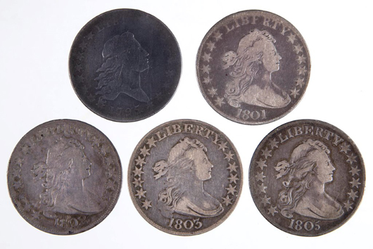 U.S silver Flowing Hair and Draped Bust half dollar coins, lot of five, 1795, 1801, 1802, 1803 (large 3) and 1805, sold for $4,312.50. Jeffrey S. Evans & Associates image.