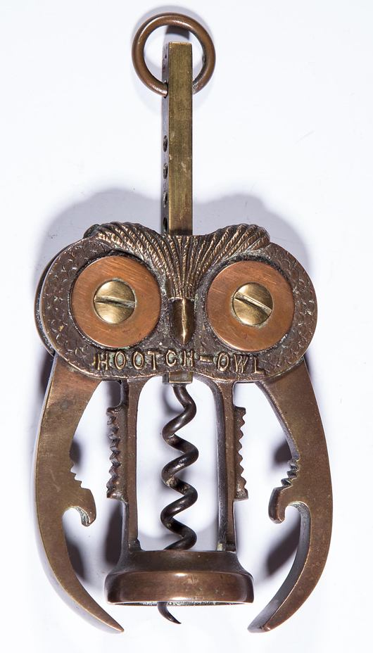 ‘Hootch-Owl’ figural cast-brass combinationcorkscrew / bottle opener / nut cracker, shaft stamped ‘PAT. D-98968’ for Robert Smythe's design patent of March 7, 1936. Price realized: $1,725. Jeffrey S. Evans & Associates image.