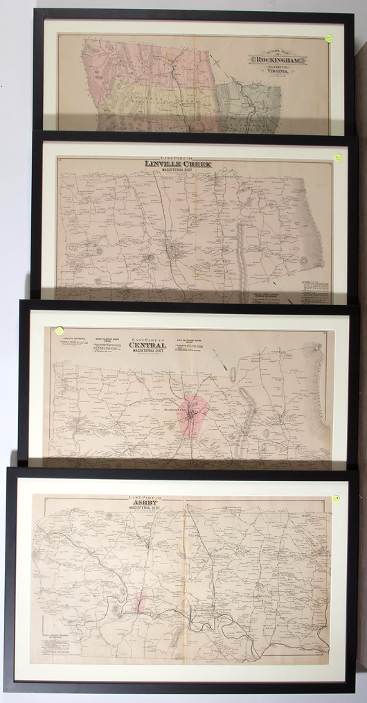 Lot of four Rockingham County, Virginia maps, from ‘Lake's Atlas of Rockingham Coounty,’ in modern frames and mats, circa 1885. Price realized: $1,495. Jeffrey S. Evans & Associates image.