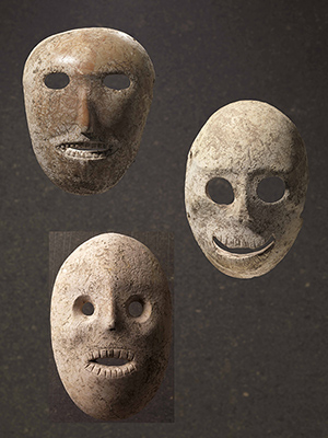 Group of masks, provenance unknown, Judean hills or Judean foothills, Pre-pottery Neolithic B, 9,000 years ago. Collection of Judy and Michael Steinhardt, New York.