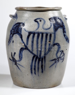 James Miller, Alexandria, Va., folk-art-decorated stoneware jar. Jeffrey S. Evans & Associates image.
