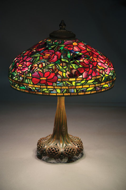 Tiffany Studios 22-inch Peony table lamp on a reticulated bronze base. Estimate: $250,000-$300,000. Michaan's Auctions image.