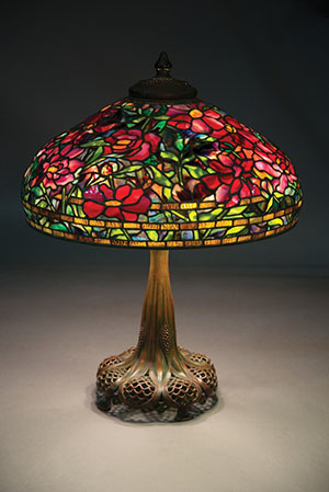 Tiffany Studios 22-inch Peony table lamp on a reticulated bronze base. Estimate: $250,000-$300,000. Michaan's Auctions image.