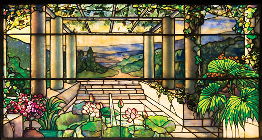 Tiffany Studios landscape window. Estimate: $250,000-$300,000. Michaan's Auctions image.