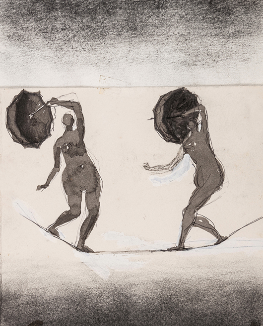 Henry Moore (1898-1986), ‘High Wire Walkers,’ watercolor, charcoal, graphite with pen and ink on paper, etching with aquatint, 1975, 9 1/2 x 7 3/8 in. Estimate: £8,000-£12,000. Dreweatts & Bloomsbury Auctions image.