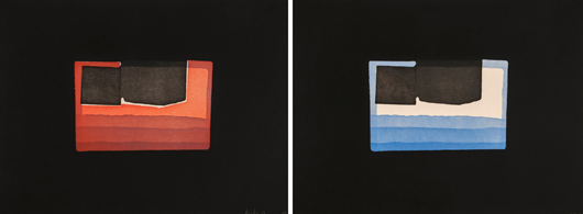 Howard Hodgkin (b.1932), ‘Interior Night,’ set of the six progressive state proofs and an impression from the final state of this print, each initialed and numbered 2/2 in pencil, the final state signed, dated and inscribed A/P in pencil, each sheet 17 1/2 x 23 5/8 in. Estimate: £8,000-£12,000. Dreweatts & Bloomsbury Auctions image.