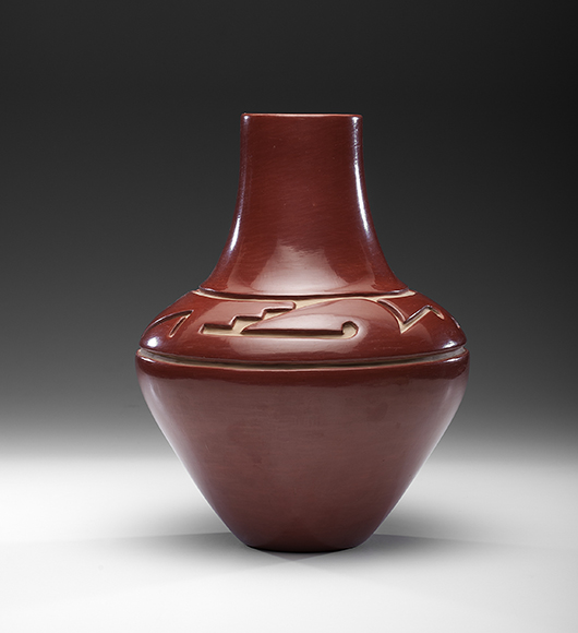 Margaret Tafoya (Santa Clara, 1904-2001) carved redware jar. Estimate: $10,000-$20,000. Cowan's Auctions Inc.