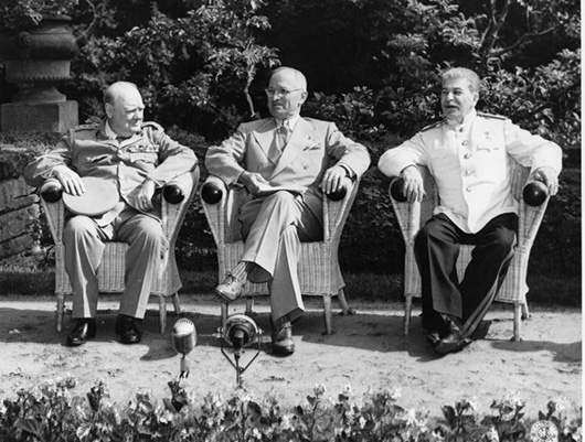 Winston Churchill, Harry S. Truman and Joseph Stalin together for the Potsdam Conference in 1945. Image courtesy Wikimedia Commons. 