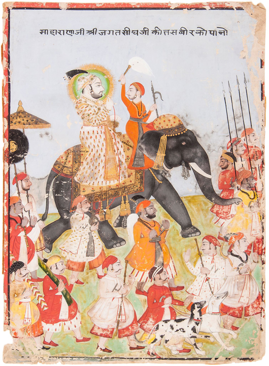 Indian miniature painting depicting Maharana Jagar Singh II riding an elephant in a procession, circa 1740, which sold for £2,976 ($4,933.). Dreweatts & Bloomsbury image.