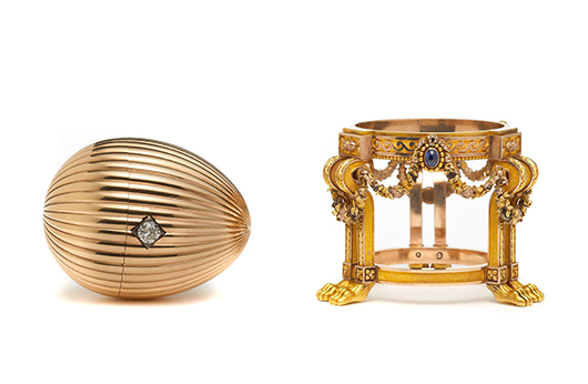 The Third Imperial Faberge Easter Egg alongside its opulent, jewel-encrusted stand. Photography: Prudence Cuming Associates. Copyrighted image appears by permission of Wartski. 