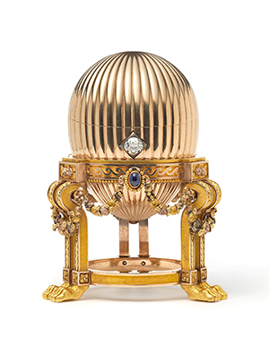The magnificent Third Imperial Faberge Easter Egg, gold decorated with diamonds and sapphires. Photography: Prudence Cuming Associates. Copyrighted image appears by permission of Wartski.