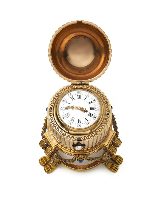 View of the Vacheron Constantin watch secured inside the Third Imperial Faberge Easter Egg egg. Photography: Prudence Cuming Associates. Copyrighted image appears by permission of Wartski.