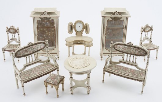 Leonhardt Parlor Suite, early 20th century, white painted wood with floral silk upholstery and gilt edging. Est. $800-$1,200. Noel Barrett Auctions image.