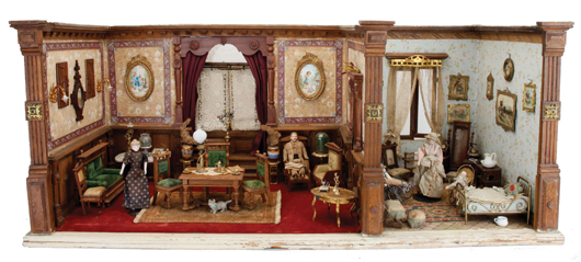 Set of Victorian period rooms, German, richly detailed with oak paneling, brass-ornamented pilasters, dentilated crown molding. The lavish accessories will be auctioned separately. Est. $4,000-$6,000. Noel Barrett Auctions image.