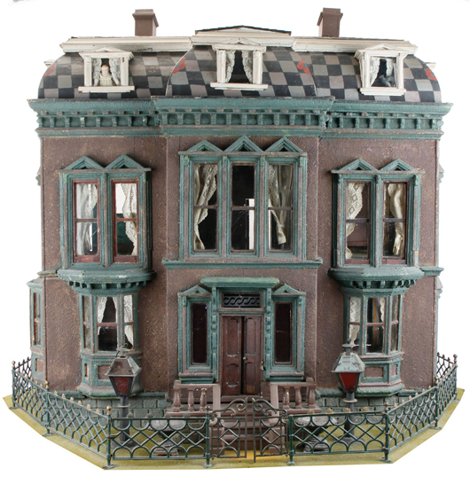 Centerpiece of the auction: The South Jersey House, circa 1870, the first house acquired by Flora Gill Jacobs and one that she chose to keep for her personal collection when the Washington Dolls’ House & Toy Museum closed and its contents were sold. Est. $12,000-$18,000. Noel Barrett Auctions image.