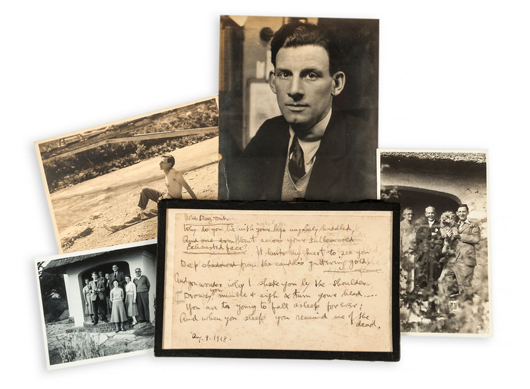 An autograph manuscript poem titled 'The Dug Out ' written in 1918 by eminent World War I poet, Siegfried Sassoon along with a group of photographs of Sassoon and British writer and journalist Henry Major Tomlinson. Dreweatts & Bloomsbury image.