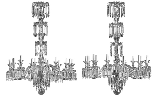Rare pair of large, cut crystal and glass 12-light chandeliers, made in the 20th century, 58 inches tall. Crescent City Auction Gallery image.