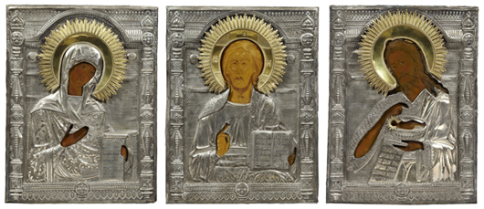 Around 10 lots of rare and highly collectible 19th century Russian icons will be sold. These three will be offered as one lot. Crescent City Auction Gallery image.