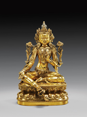 15th century early Ming Dynasty gilt-bronze Bodhisattva, 9-7/8 inches, the auction’s top lot, sold online for $350,000. I.M. Chait image