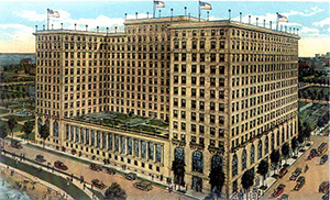 Chicago's Drake Hotel, pictured on a 1920s postcard, is on the National Register of Historic Places. Image courtesy of Wikimedia Commons.