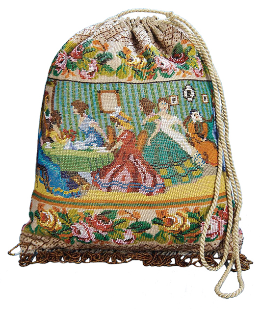 This early 19th-century beaded pouch bag pictures ladies at tea on one side and around a piano on the other. The beading, fringe and silk lining are in excellent condition. It sold recently for $1,026 at a Theriault's auction in California.