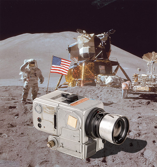 Showing signs of use from the rugged surface of the moon, the Hasselblad 500 'HEDC' is the star attraction of the Westlicht auction on March 22. Westlicht image.
