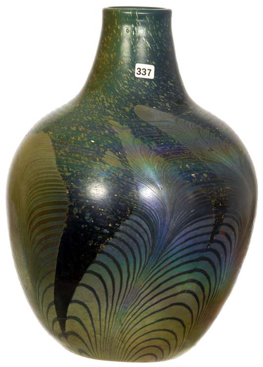 Monumental signed Tiffany decorated art glass vase with aqua green background. Price realized: $39,000. Woody Auction image.