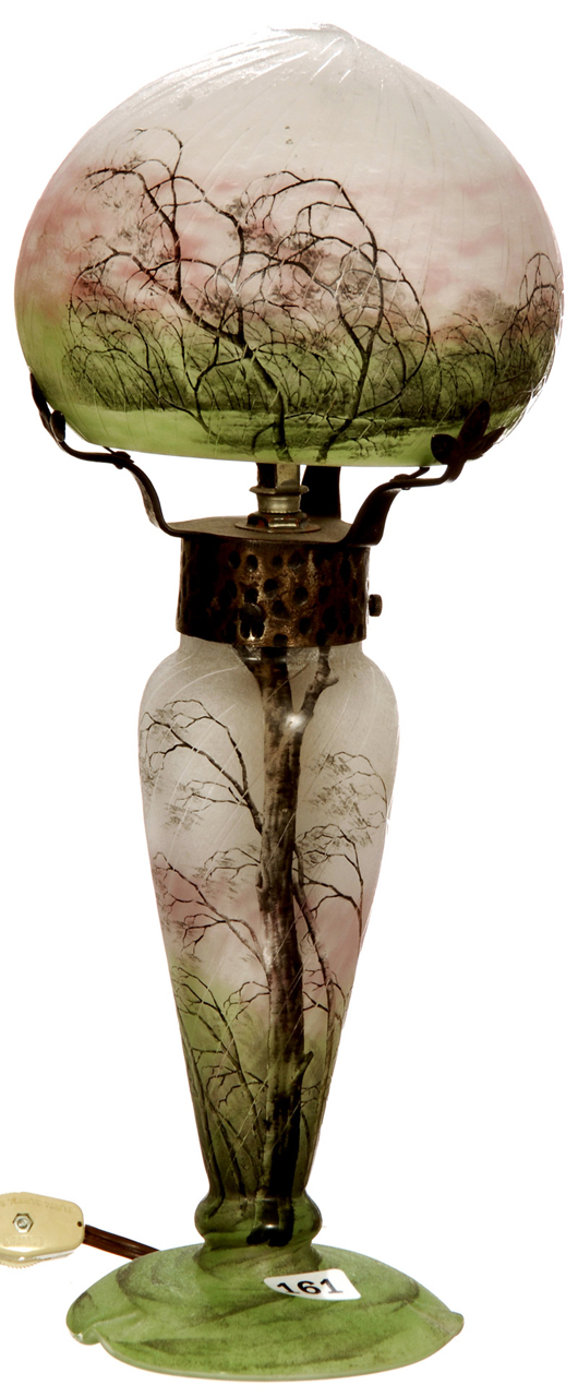 Rare signed Daum Nancy French cameo art glass boudoir lamp with rain scene décor. Price realized: $38,000. Woody Auction image.