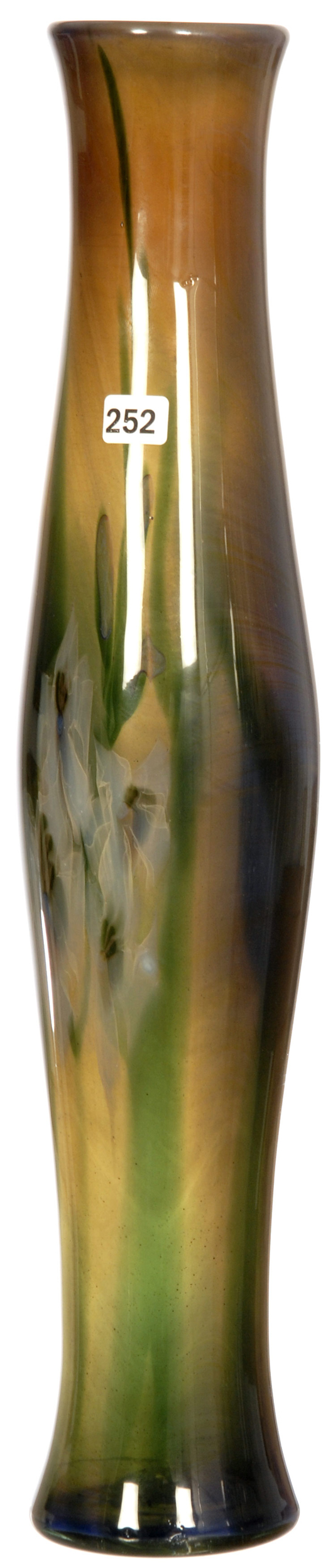 20-inch signed Tiffany art glass gladiola paperweight vase with white blossom décor. Price realized: $44,000. Woody Auction image.